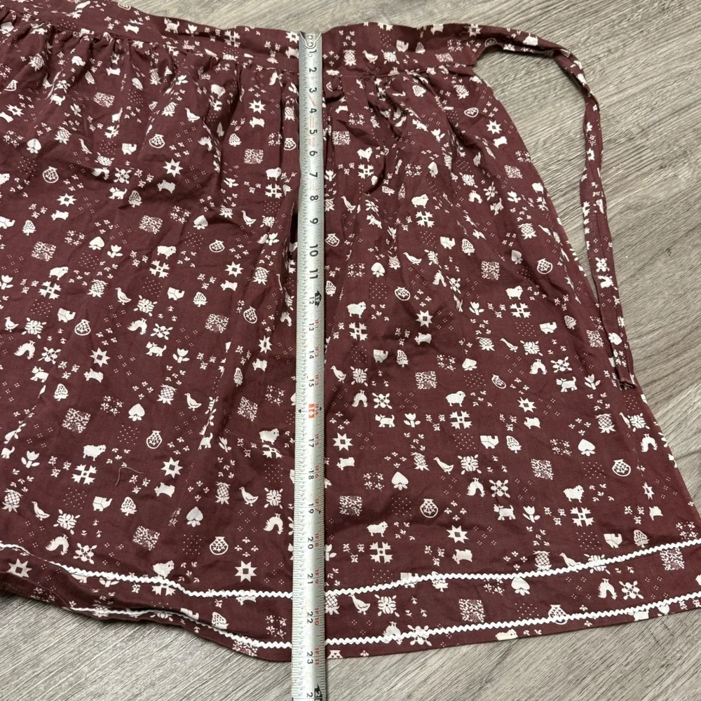 Vintage Brown Folk Art Animal Print Cotton Half Apron with‎ Ric Rac Trim Pocket